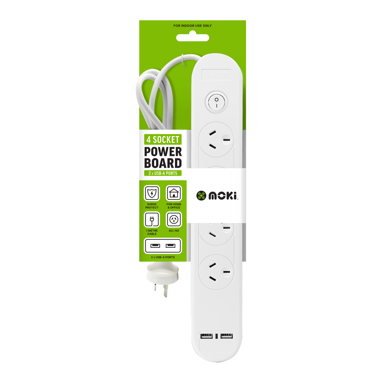 Moki Powerboard - 4 Socket + 2 USB-A + 1 Switch